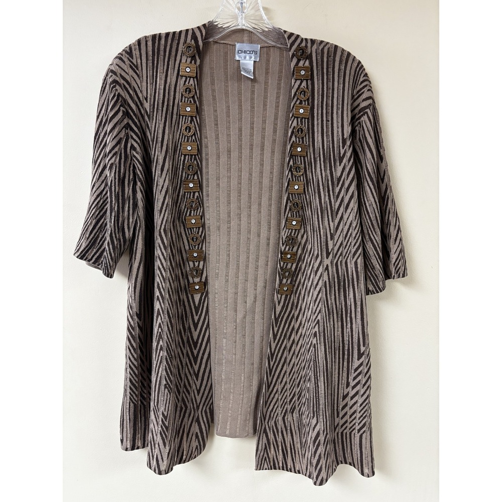 Chicos Cardigan Sweater Womens 3 Animal Print Beaded Open Front Short Sleeve